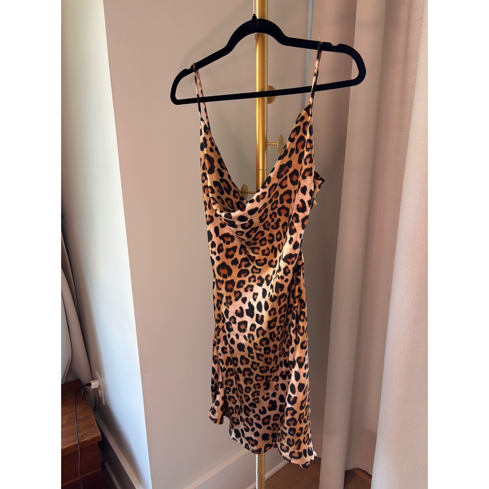 Windsor Leopard Print Cowl Neck Mini Dress Tie Back Cutout Satin Slip Dress- M - Picture 1 of 5